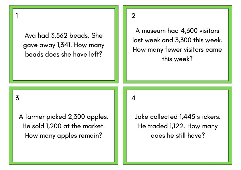 Static Long Subtraction Word Problems - Downloadable PDF