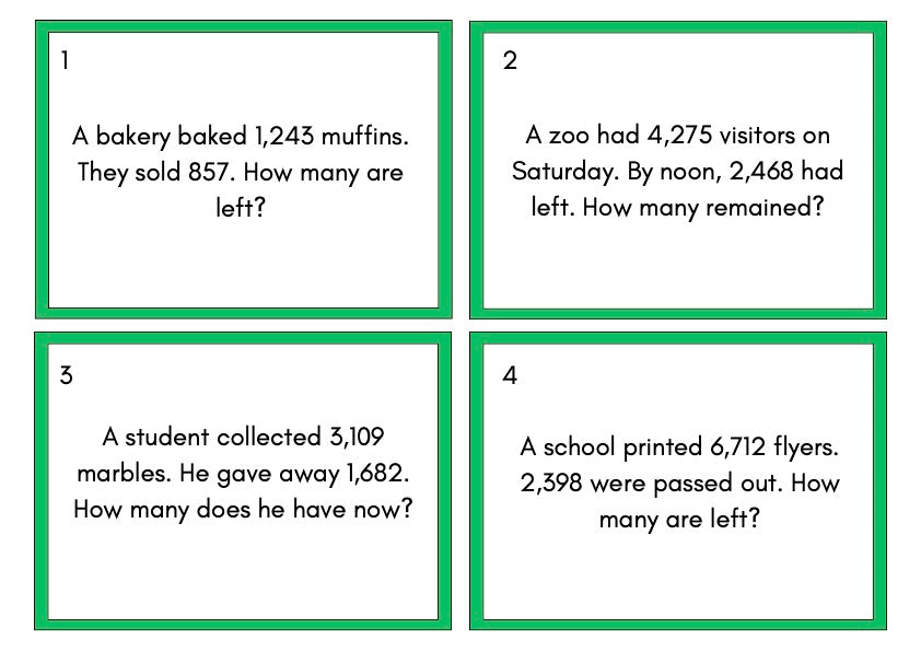 Dynamic Long Subtraction Word Problems - Downloadable PDF